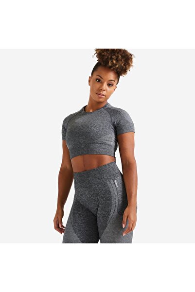 Decathlon Kadın Koyu Gri Dikişsiz Crop Top Spor Tişörtü 900 - Fitness Kardiyo