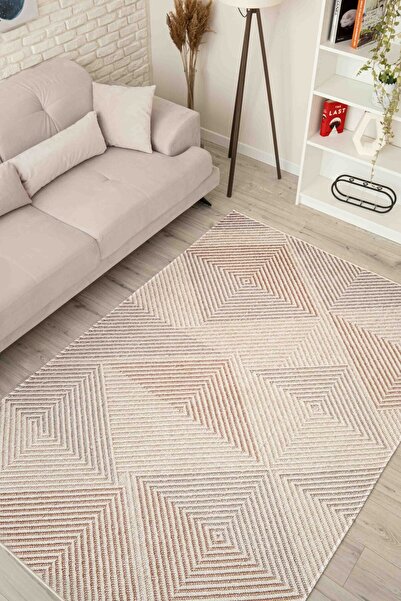 Serente Home Geometrik Çizgili Desenli Yıkanabilir Kaymaz Taban Bej Kahvereng...