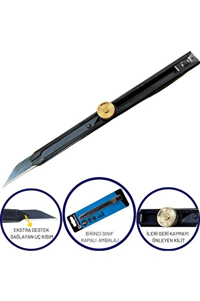 ipekbazaar Machket Maket Bıçağı, 9 Mm, Kilitli Siyah Metal, Deri Hobi El Aleti
