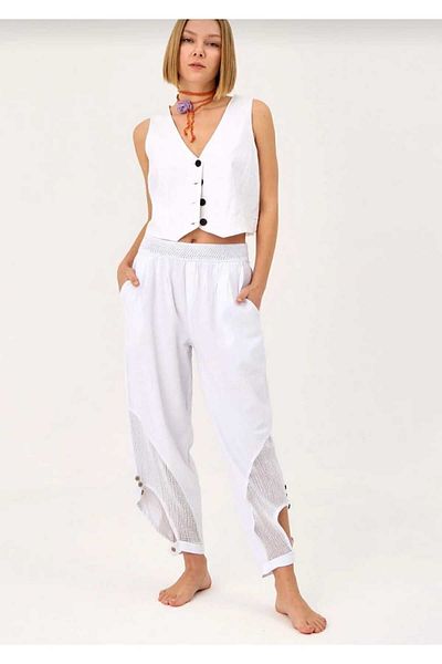 pier moda White Bohemian Style Linen Shalwar Trousers - 100% Cotton Mesh