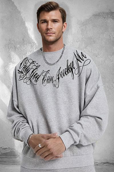 Millionaire Ανδρικό γκρι φούτερ με στάμπα Only God Oversize Fleece - 0 Crew Neck, Loose Loose Fit
