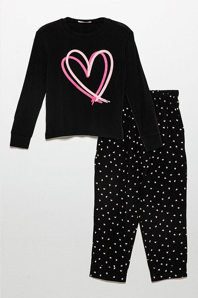 for you kids Heart Printed Natural Viscose Black Pajama Set