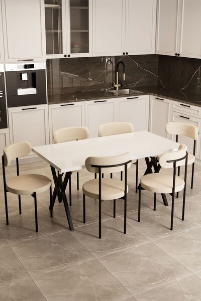 Evdemo Trend 6 Kişilik Mutfak Masa Takımı Beyaz-Krem-Siyah