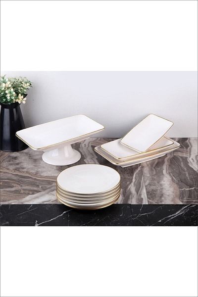 GÖNÜL 10 Piece White Gold Cake Serving Plate Set