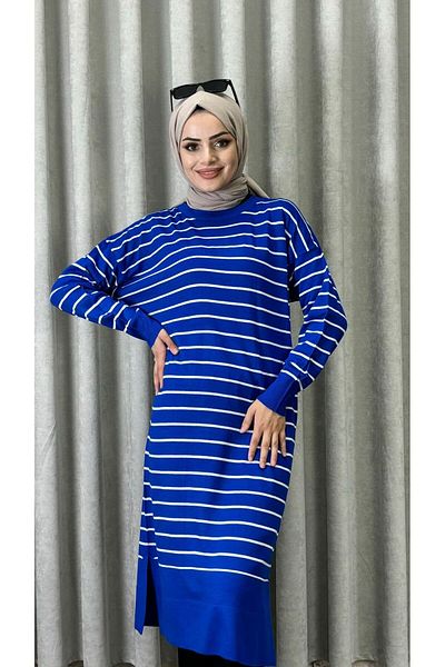 modasusev Μακρύ ριγέ γυναικείο πλεκτό Hijab τουνίκ