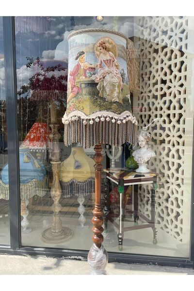 artsondekorasyon Dokuma Goblen Eşsiz Tasarımlı Lambader, Ahşap Ayaklı, Aydınlatma aksamı dahil. (178cm yükseklik)