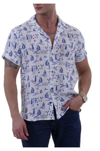 Exve Exclusive White Over Boat Sea Pattern Print Oversize Relaxed Cut Short Sleeve Loose Shirt