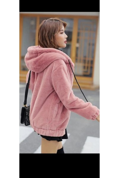 GENÇ MODA astarsız kapüşonlu fermuarlı lastikli fleto cepli içi dışı welsoft peluş çeket
