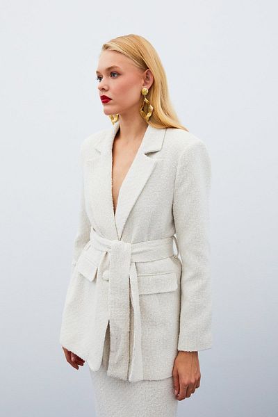 Sateen Jachetă cu curea din tweed - PIATRĂ