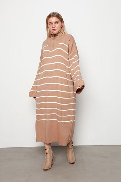 İKLİM LİFE Mink Thin Striped Zippered Knitwear Dress