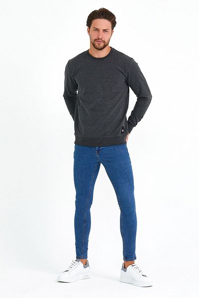 MRS CLOTHING Ανδρικό φούτερ Anthracite Crew Neck Daily Casual Sports Κανονική εφαρμογή Μακρυμάνικο Φούτερ