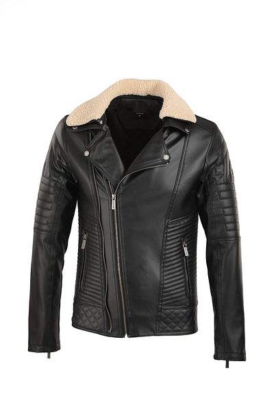 Oliggopol Ανδρικό μαύρο αποσπώμενο γιακά Furry Cross Model Slim Fit Δερμάτινο παλτό