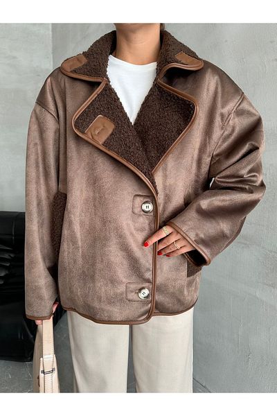 Laluvia Braune Premium-Lederjacke – lockiges Modell 54466