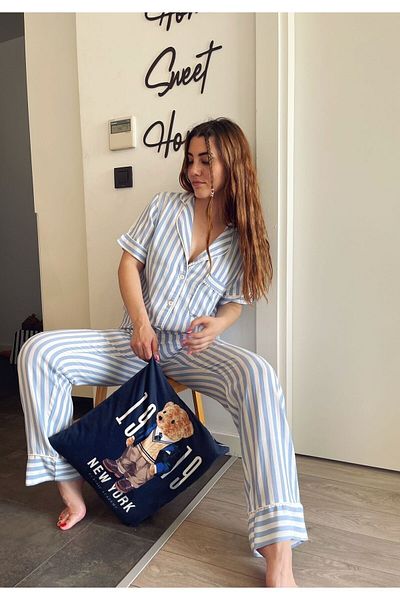 Serbella Set pijamale cu mânecă scurtă în dungi albastre, bumbac, viscoză