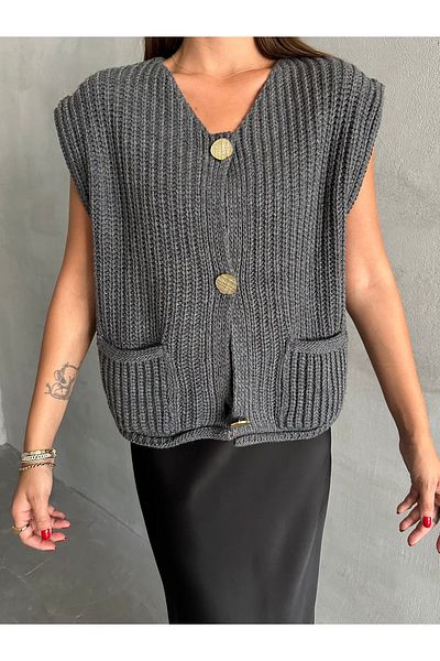 Laluvia Smoked Sweater with Three Gold Buttons