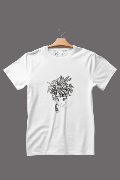 Kadınlar Günü Yüz Silüet Baskılı Unisex Tişört Beyaz