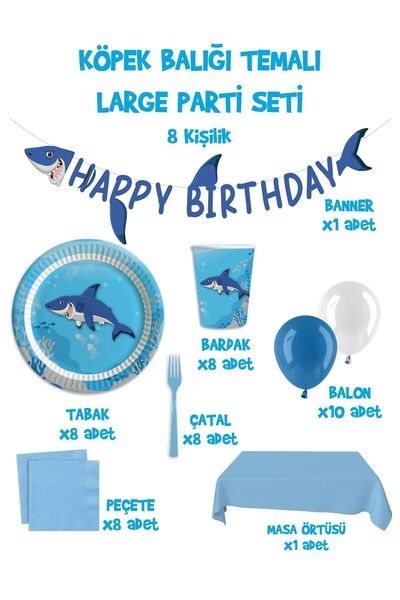 Parti Atölyesi Köpek Balığı Tema Doğum Günü Large Paket Set 8 Kişilik Köpekba...