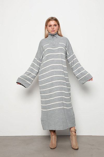 İKLİM LİFE Gray Thin Striped Zippered Knitwear Dress