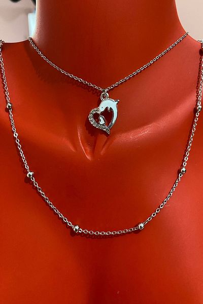 Bourgogne2021 Dolphin Fish Model Silver Color Stoned Women's Necklace Set