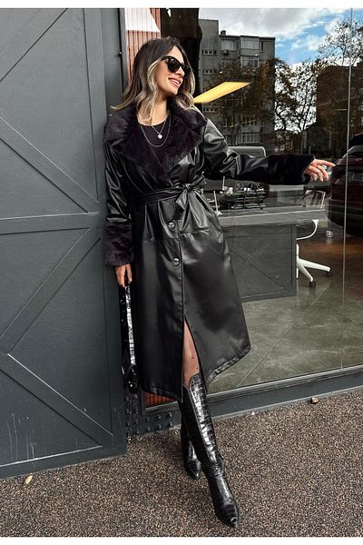 HARMONY GLOBAL Furry Long Leather Women's Trench Coat 2259