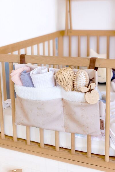 HAMUR Practical Hanging Organizer Baby Stroller Crib Edge Fluffy Organizer Solid Beige