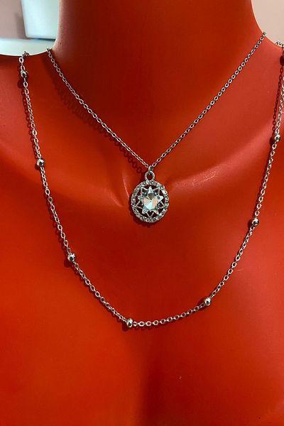 Bourgogne2021 Star Model Stoned Silver Women's Necklace Set