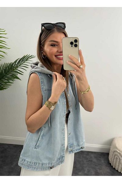 VESS MODA Hooded Basic Jean Denim Vest