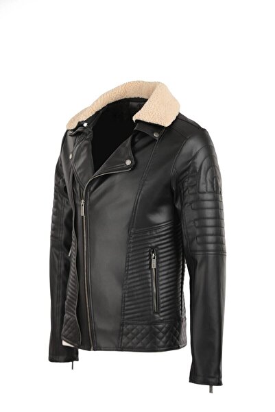 Oliggopol Чоловічий чорний знімний комір хрестоподібної моделі тонкої шкіряної куртки-пальто