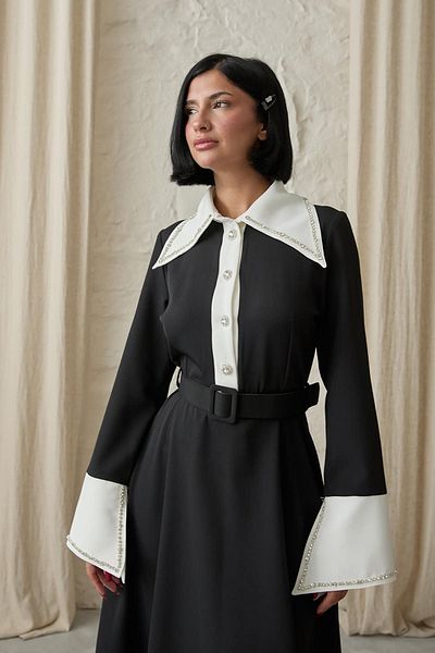 Essence Bouteille Black Long Dress with Stone Embroidered Sleeves and Neckline Detail