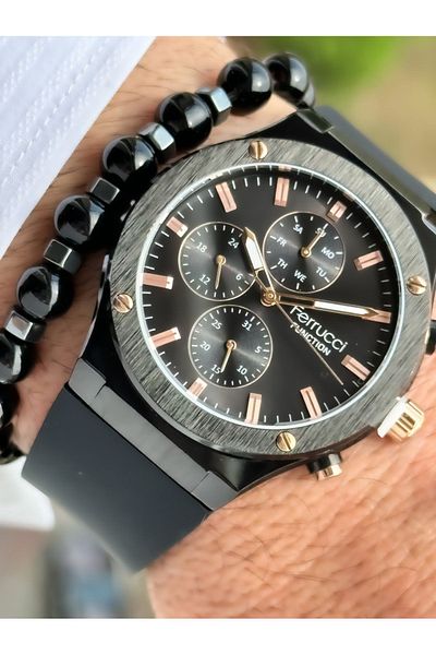 Ferrucci Functions Active Silicone, Steel Cord Black Color Men's Wrist Watch + Bracelet