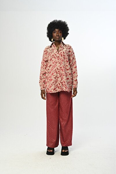 Orfeo Negro KADIN DESENLİ BORDO RENK OVERSİZE KESİM GÖMLEK