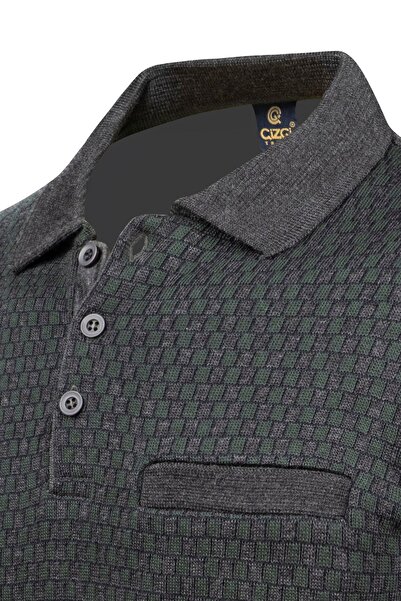 Çizgi Triko Men's Polo Collar Striped Knitwear Sweater - Patterned Sleeves and Waist Elastics, Steel Knit Classic Fit - 5006F