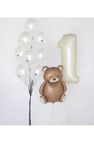 Çemrek Süs Parti Beige 1 Year Old Balloon Set with Big Bear Foil Balloon 12 Pieces