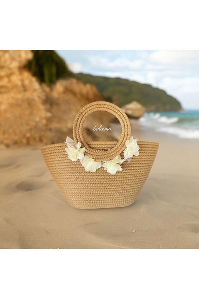Bohemahomedecor Τσάντα από ψάθινο βαμβακερό λουλούδι