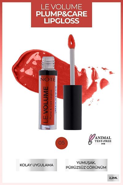 NOTE 05 No Fear Red - Red Moisturizing Lip Gloss, Le Volume Plump & Care Lip Gloss