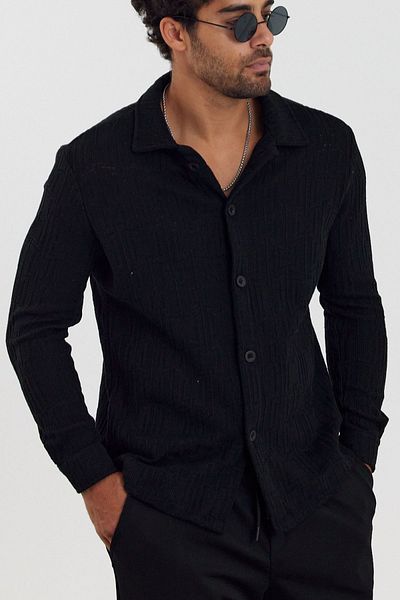 MADZEYMODA Мъжка черна плетена риза с шарки - Нов сезон Mz19716