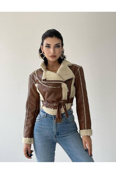 GİZONLY Women's Leather Coat - with Side Pockets and Fur