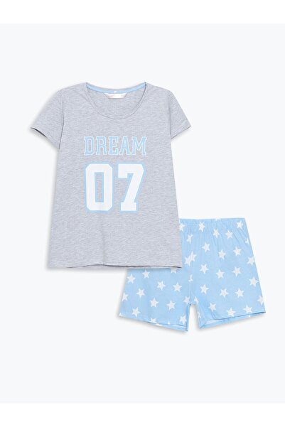 LC Waikiki LCW Damen-Pyjama-Set mit Shorts und Rundhalsausschnitt und Print