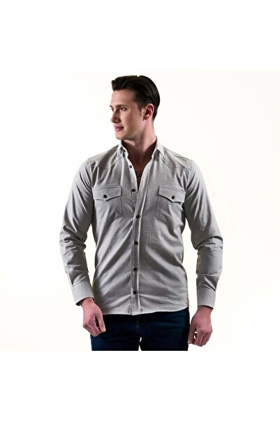 Exve Exclusive Gray Melange Cotton Lycra Outdoor Double Pocket Flap Slim Fit Western Shirt