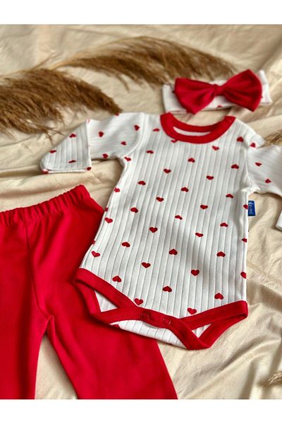 Zuff Baby Red Heart Printed Baby Girl 3 Piece Set - Bandana