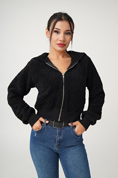 Hipo Trend سترة تيدي سوداء - بغطاء للرأس وسحاب