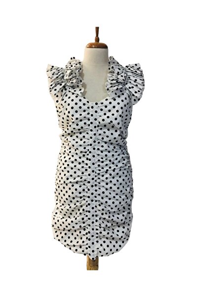 PARA Tİ Kadın Beyaz Puantiyeli Fırfır Omuz Drapeli Kısa Elbise