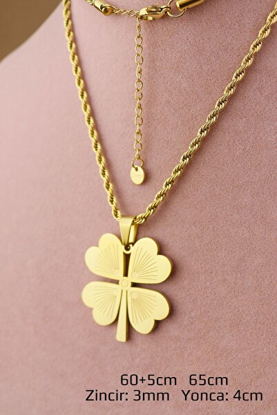 Keyifli Hayaller Çelik Kolye - Çelik Kararmaz Yonca Uçlu Gold Kuyumcu Model Burgu Kolye 60+5cm