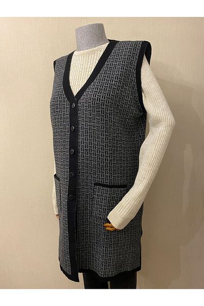 TEK Patterned SINGLE Knitwear Double Color Young Mother Vest / Black Smoke