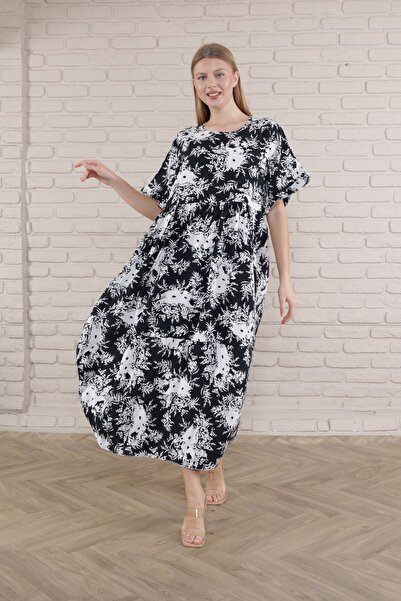 mervemoda Women's large size short-sleeved summer woven viscose print dress