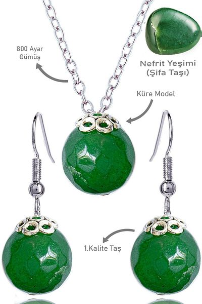 Erilsa Nephrite Jade Globe Model Necklace and Earring Set - Silver Apparatus