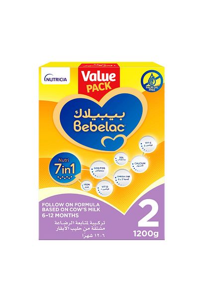 Bebelac 2 تركيبة Nutri 7in1 Follow On Formula للأطفال من عمر 6 إلى 12 شهرًا، عبوة اقتصادية 1200 جرام