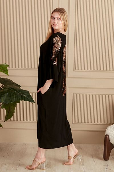Eceyaman moda Women's Black Back And Sleeves Yellow Sequin Embroidered Battal Plus Size Dress