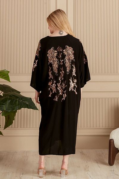 Eceyaman moda Women's Black Back And Sleeves Yellow Sequin Embroidered Battal Plus Size Dress