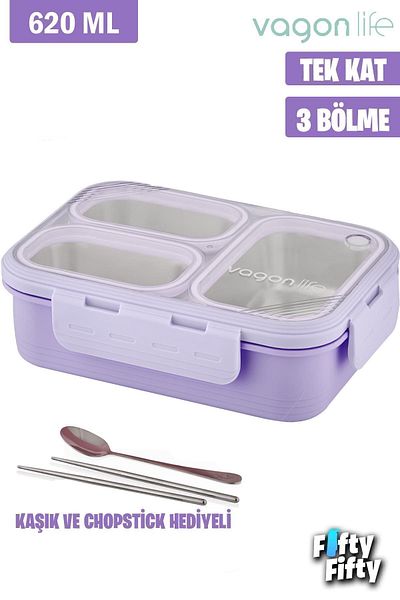 Vagonlife 620 ML Single Layer - Three Compartment New Generation Lunch Box with Metal Spoon - FFLBOX7097